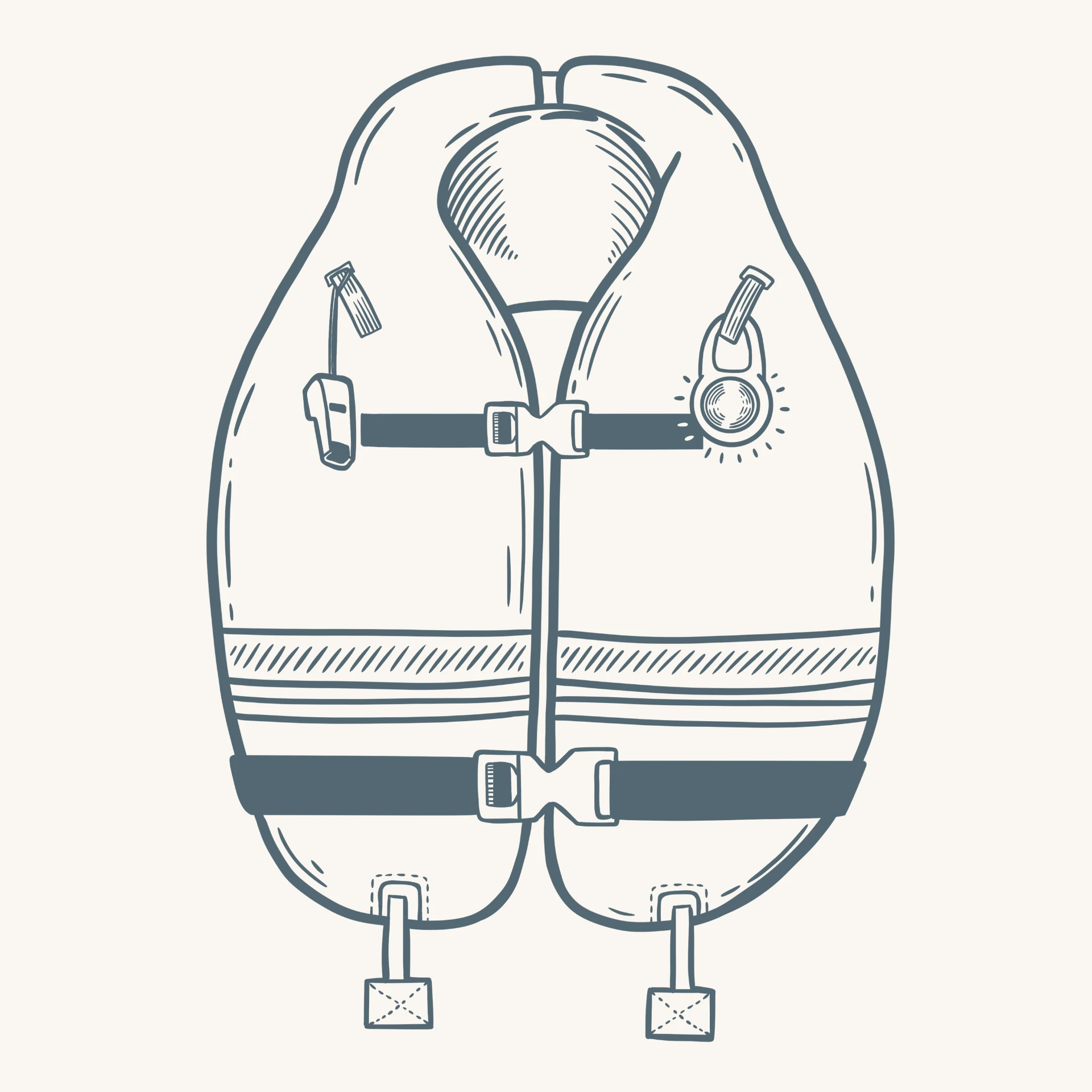 Life vest with dual chambers, emergency whistle, inflation pulls, water-activated light, high-visibility strips, and adjustable straps.
