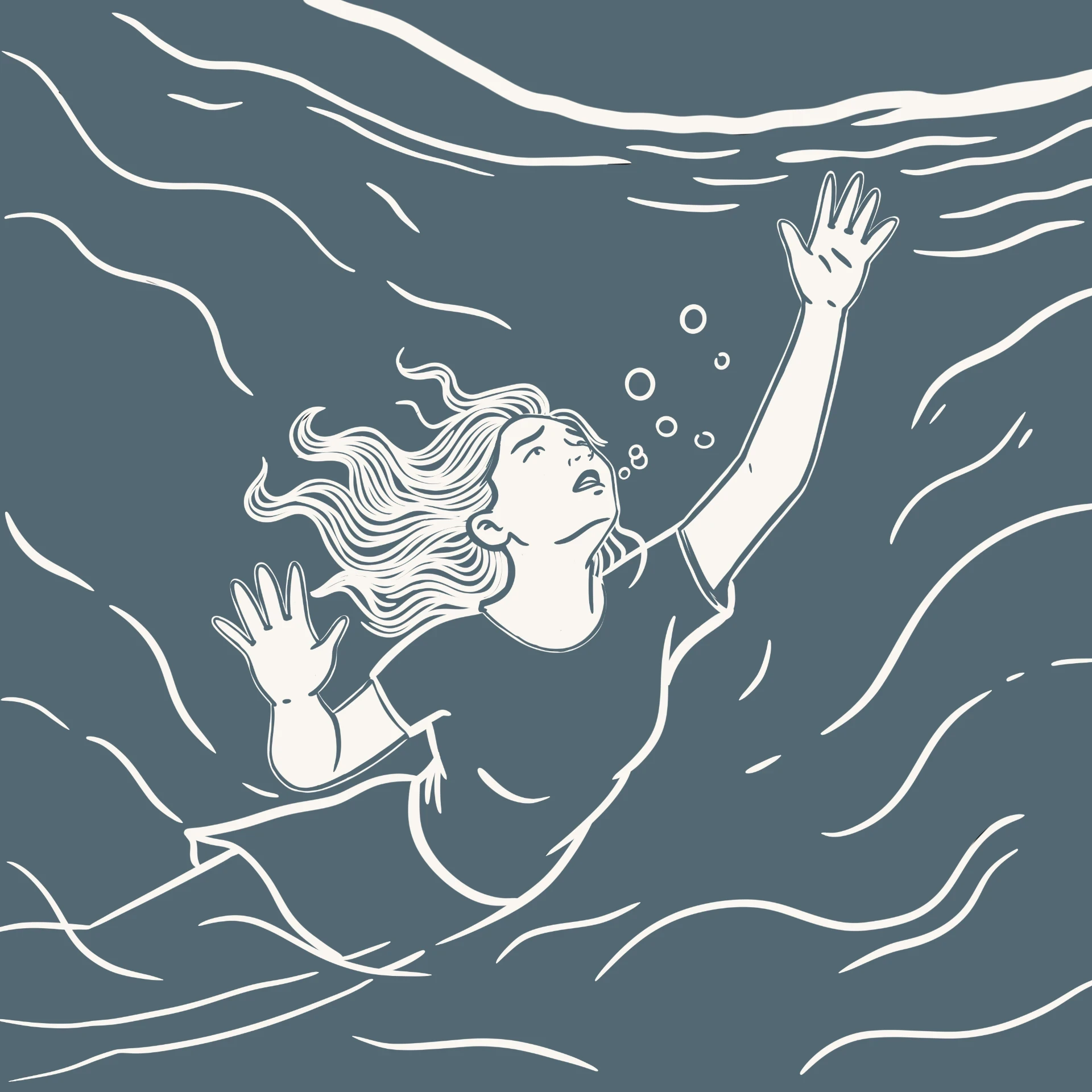 Illustration of a woman struggling beneath the water without a life vest.