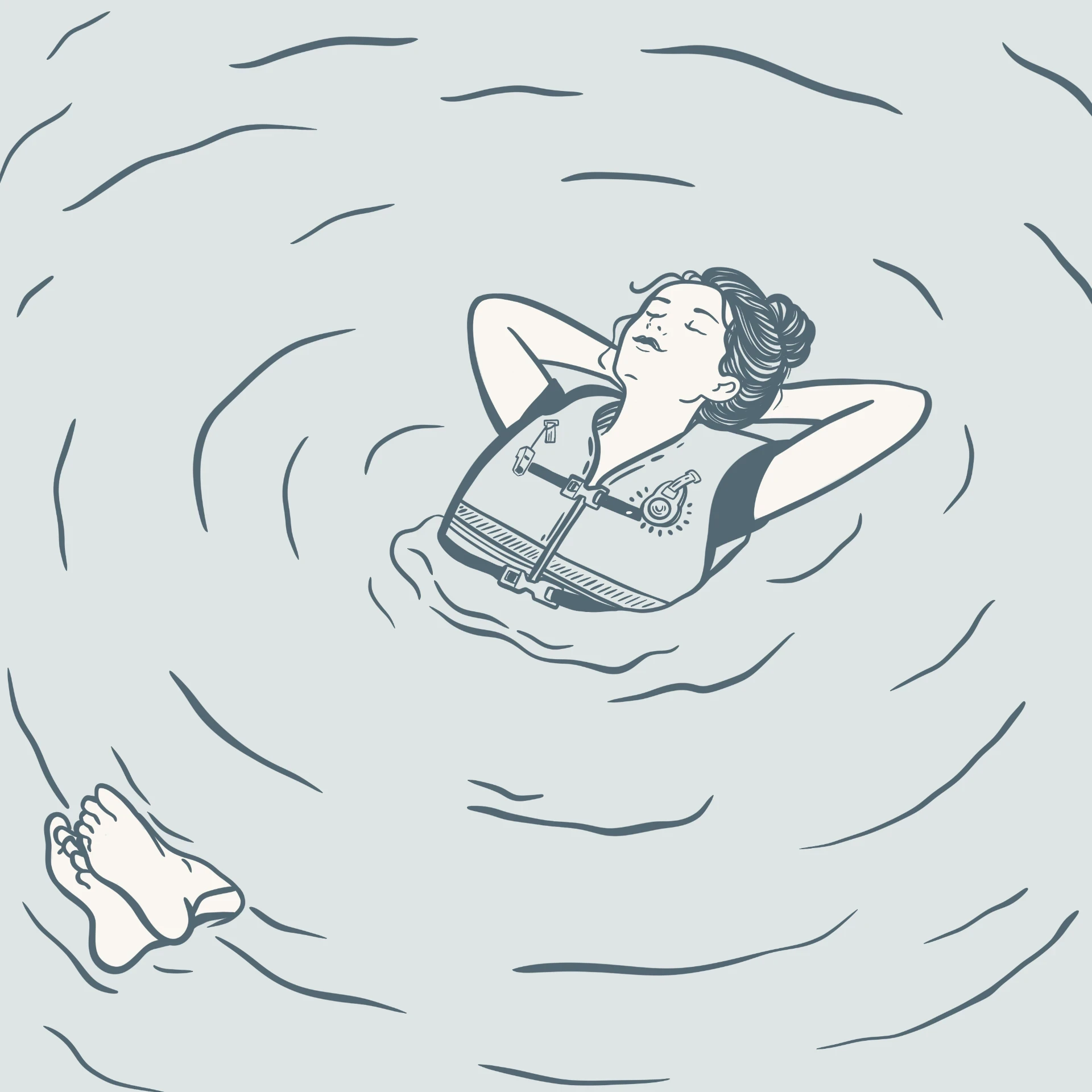 Illustration of a woman wearing a life vest, floating calmly and confidently on the water.